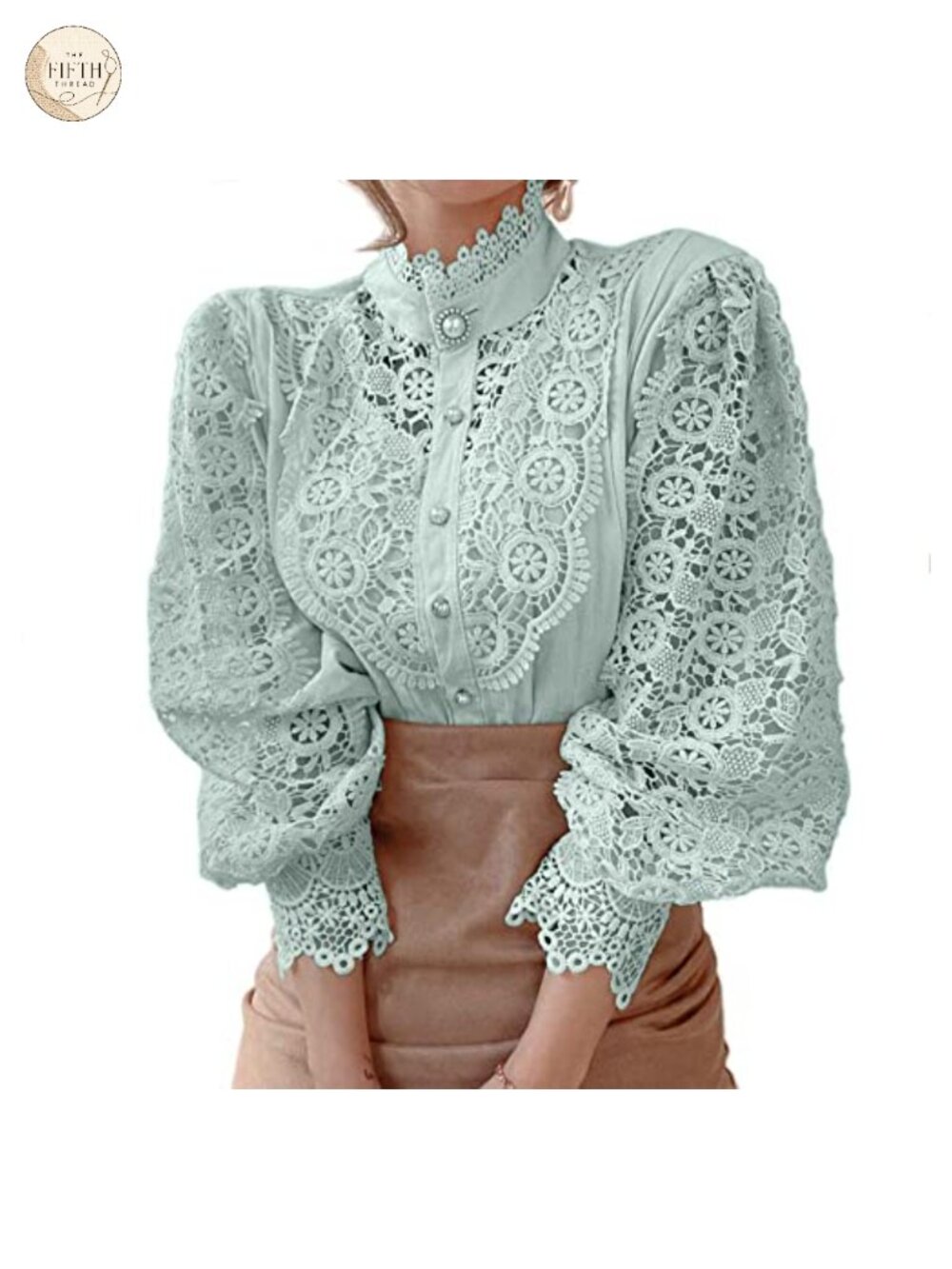 Lace Trim Victorian Blouse Button Down Long Puff Sleeve Women's Top